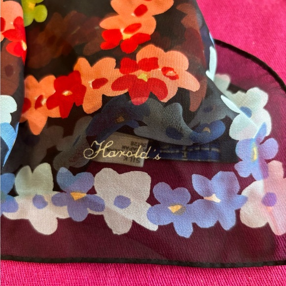 Harold's Accessories - Vintage Harold's Silk Square Scarf, Red Green Yellow Blue Floral, 22 x 22 inches